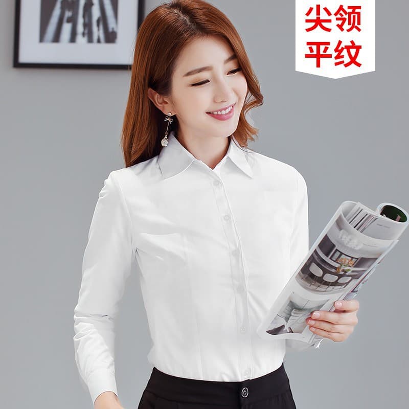 [pointed collar] white plain long sleeve