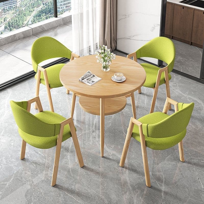Round table + 4 green cloth chairs - wood color legs