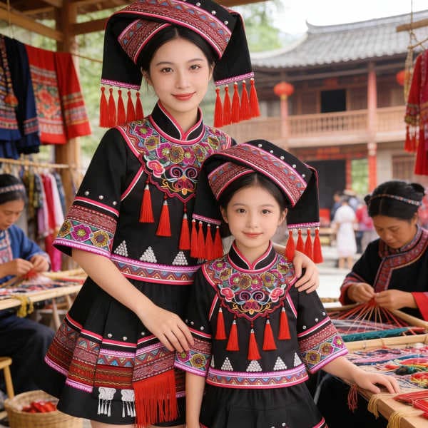 March 3Rd Ethnic Minority Clothing Parent-Child Outfits for Adults and Children, Guangxi Zhuang Ethnic Clothing, Yi Ethnic Clothing, Tujia Ethnic Clothing