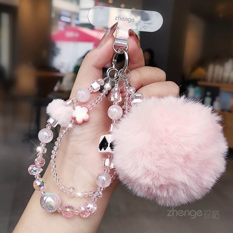 Mobile Phone Chain Hair Ball Pendant Women's Wrist Rope High-Value Crystal Beaded Chain Short Style Outdoor Travel Shopping 2