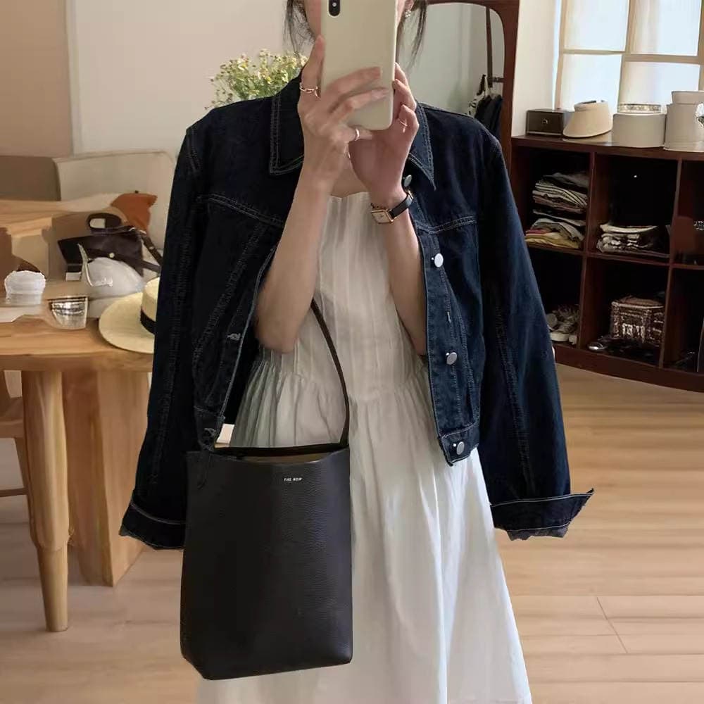 French retro high-grade loose casual all-match long sleeve lapel short American jacket Denim coat top for women 2