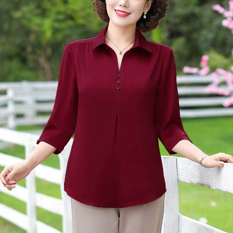 Five-Quarter Sleeve Mom Summer Solid Color Blouse, Fashionable Middle-Aged and Elderly Women's Mid-Sleeve Loose Pullover Shirt Women's Top 2