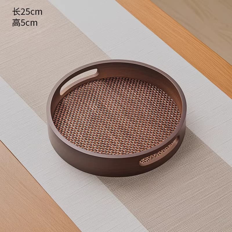 Round (25x25x5cm) hollow brown handle tray + imitation bamboo mat