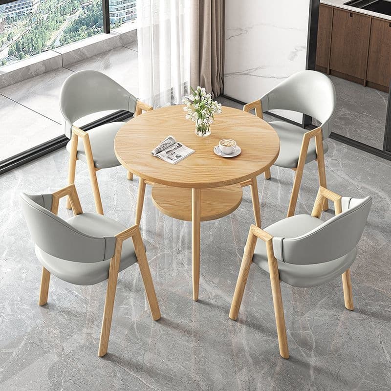 Round table + 4 light gray leather chairs - solid wood color legs