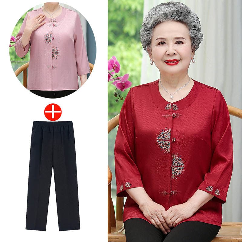 Middle-Aged and Elderly Women's Shirts, Grandma's Wedding Banquet Summer Clothes, Women's Suits, 70 and 80-Year-Old Mothers' Summer Short-Sleeved Tang Suit Tops 1