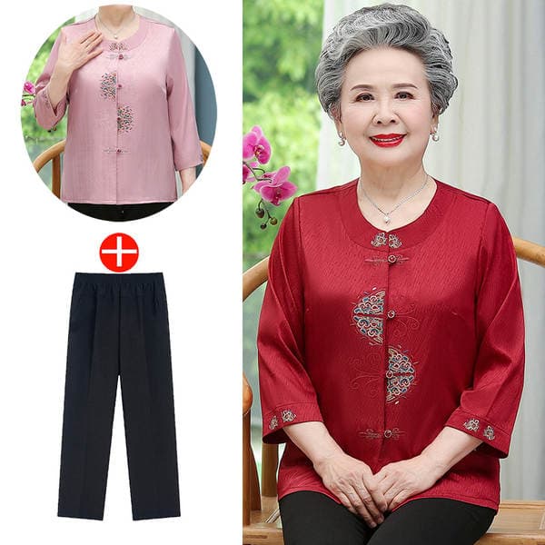 Middle-Aged and Elderly Women's Shirts, Grandma's Wedding Banquet Summer Clothes, Women's Suits, 70 and 80-Year-Old Mothers' Summer Short-Sleeved Tang Suit Tops