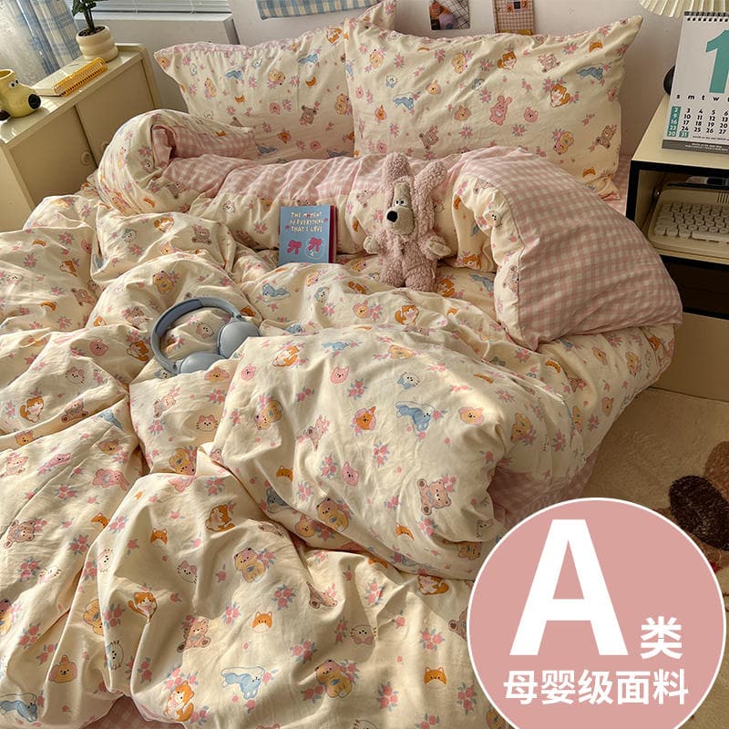 Category a Maternal and Infant-Grade Bedding Four-Piece Set, Ins-Style Bed Sheet, Duvet Cover, Fitted Sheet, Student Dormitory Three-Piece Set, Cartoon 1