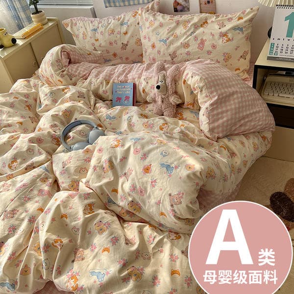 Category a Maternal and Infant-Grade Bedding Four-Piece Set, Ins-Style Bed Sheet, Duvet Cover, Fitted Sheet, Student Dormitory Three-Piece Set, Cartoon