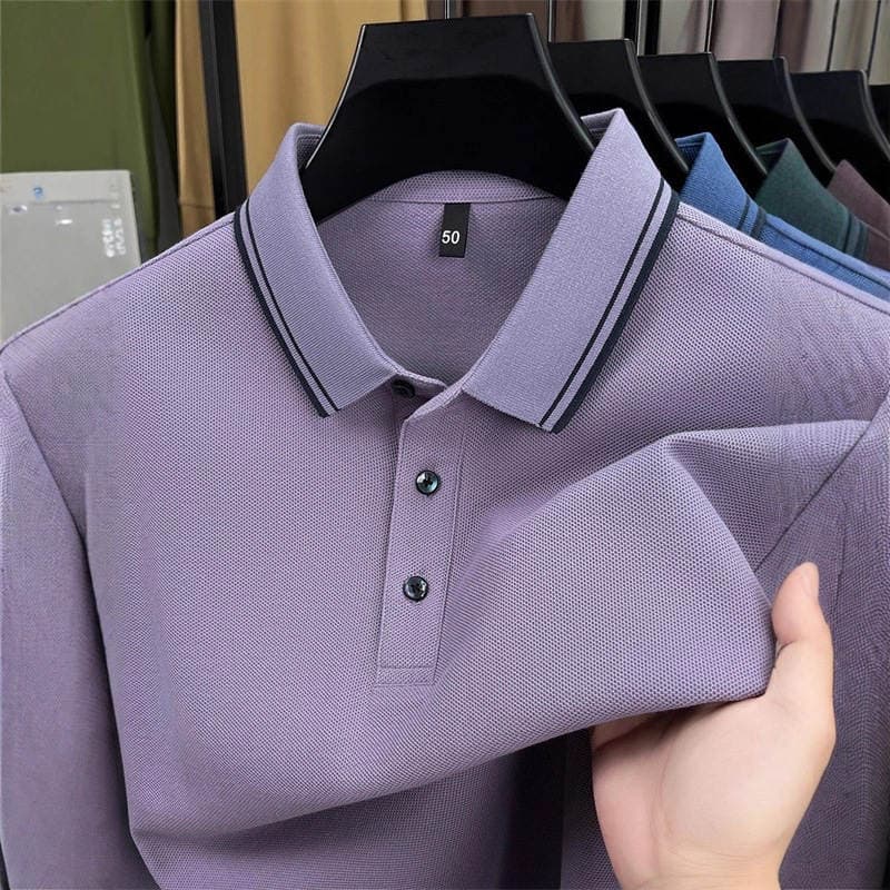 Kişilər üçün uzunqol, zolaqlı, yaxalıqlı, təmiz pambıq casual polo köynək (yaz-payız) 1