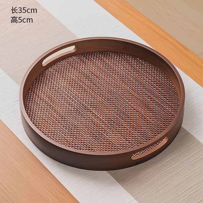 Round (35x35x5cm) hollow brown handle tray + imitation bamboo mat