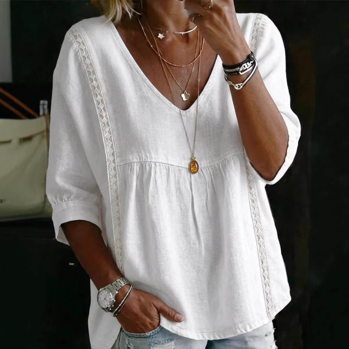 2026 New Foreign Trade Cross-Border Women's Lace V-Neck Pullover Solid Color Casual Three-Quarter Sleeve Blouse Shirt 4