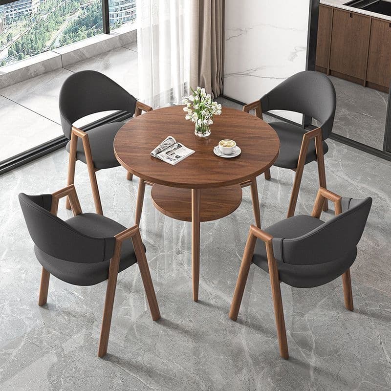 Round table + 4 dark gray cloth chairs - walnut legs