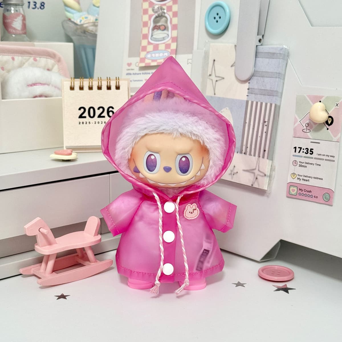 Rose red raincoat + matching shoes