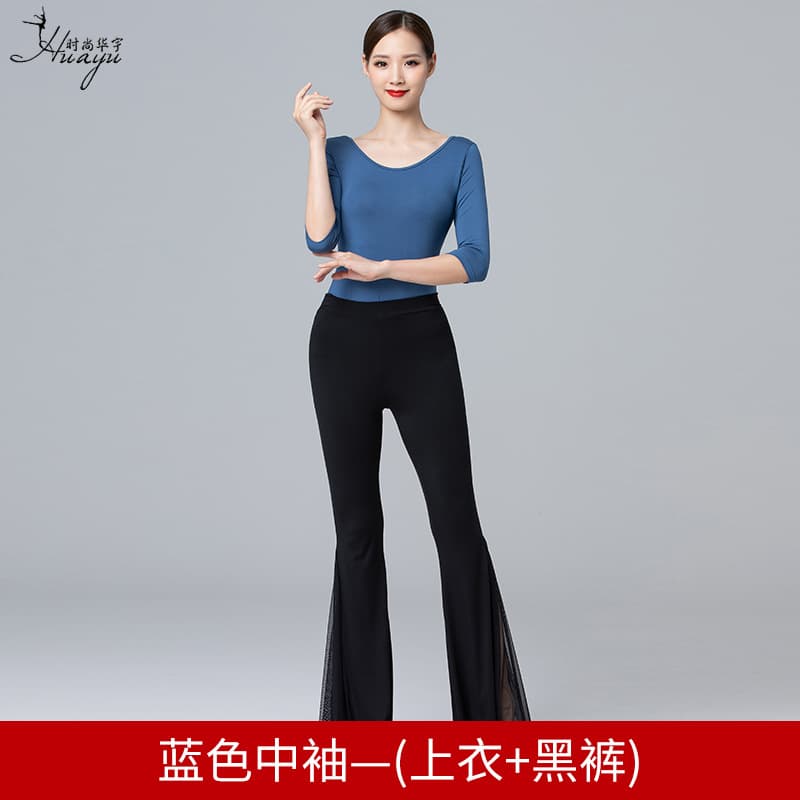 Blue mid-sleeve top + black pants