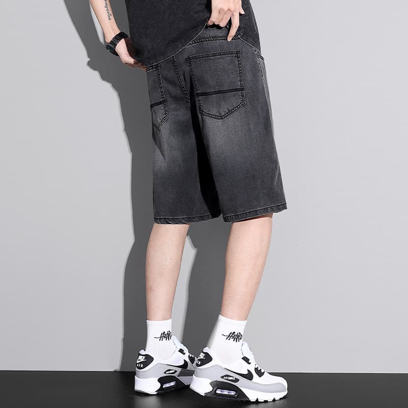 527 black and gray tencel elastic waist drawstring—five-quarter pants