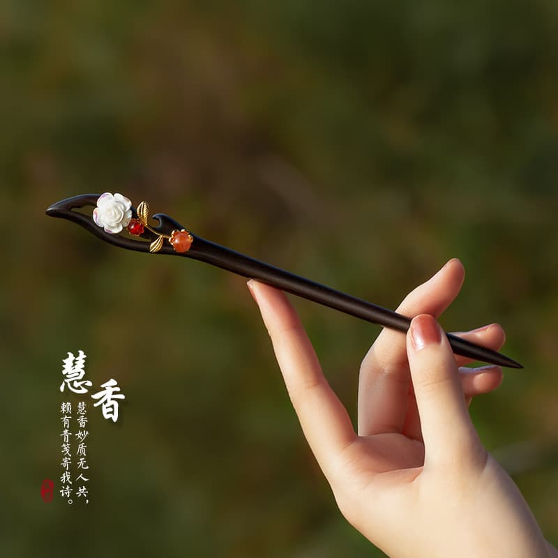 C60 white rose hairpin [natural ebony]]
