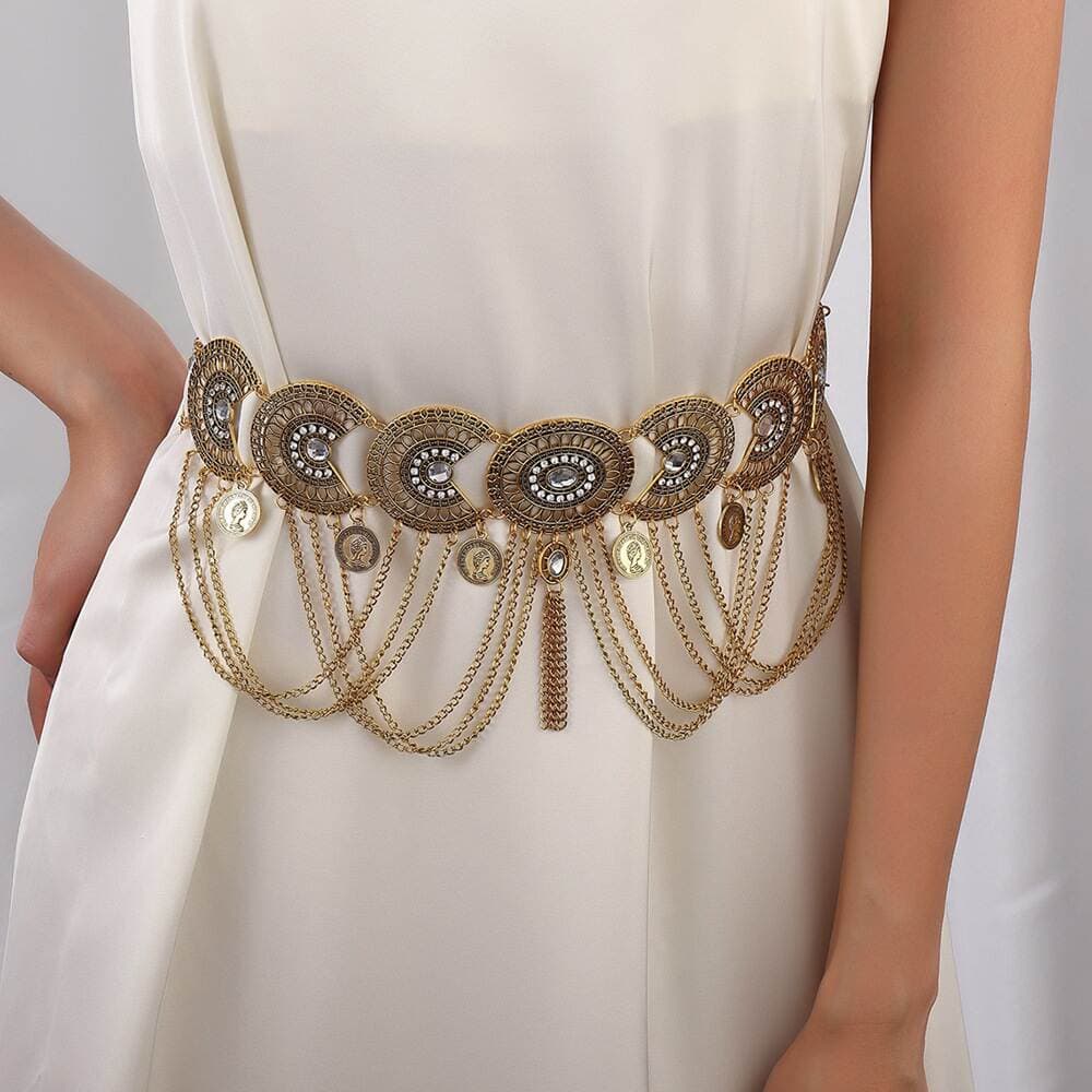 Alien Ethnic Style Waist Decoration Retro Alloy Hollow Carved Rhinestone Coin Tassel Waist Chain Women's Skirt Hanfu Accessories 1