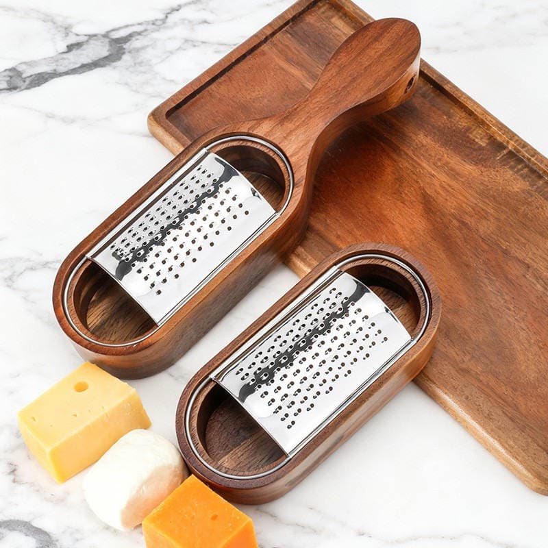 Cheese Grater with Acacia Wood Storage, Stainless Steel Cheese Grating Box, Cheese Shredder, Slicer, Kitchen Tool 1