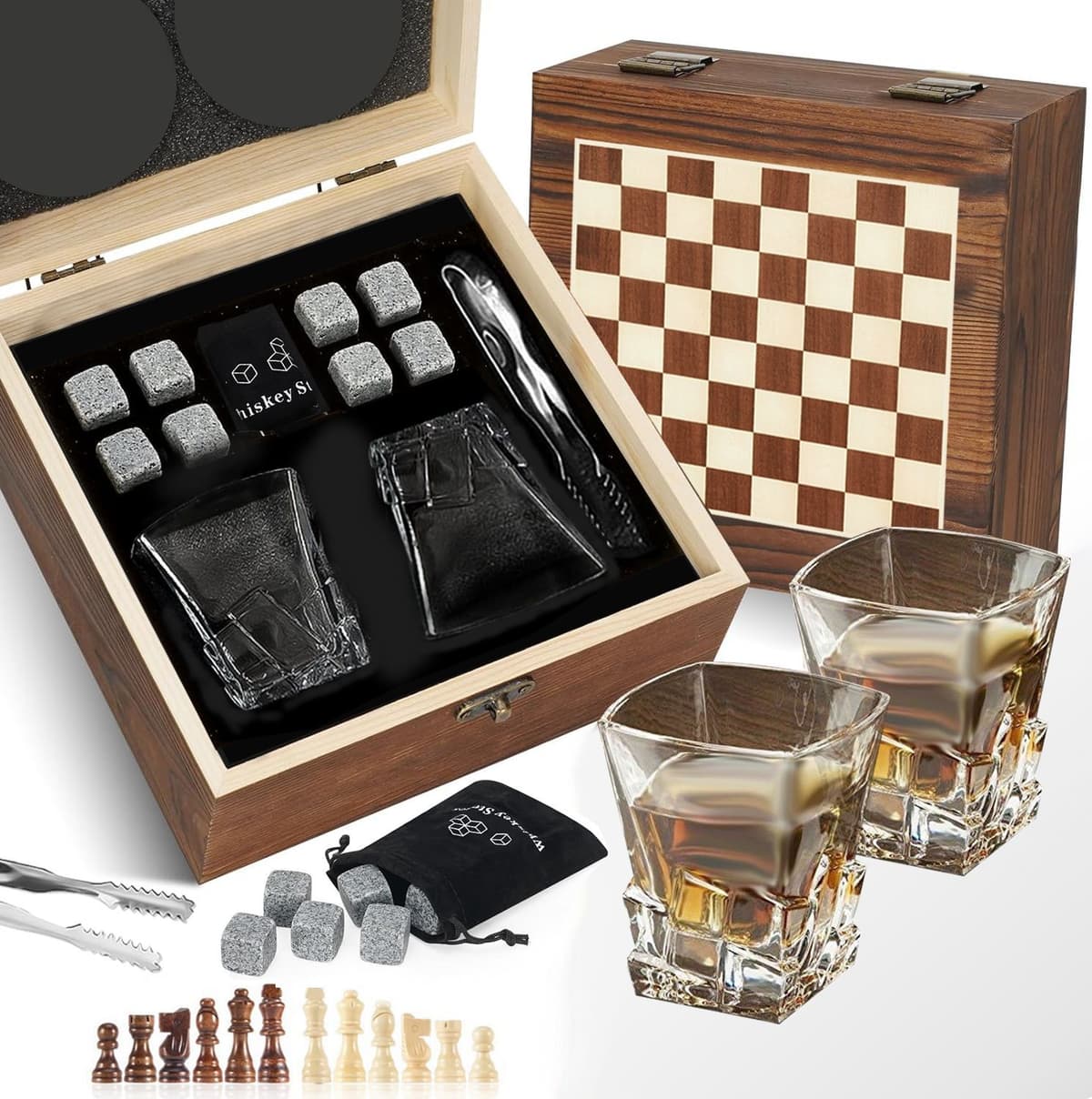 Checkered wooden box brick cup double cup whiskey 2 cups 8 stone felt pad coaster