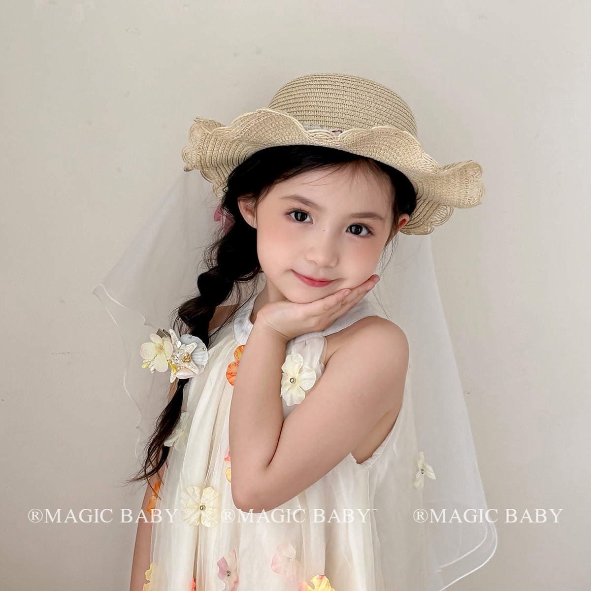 Children's forest-style sweet pink bow tulip veil hat, girls' sun protection straw hat, beach sun hat 4