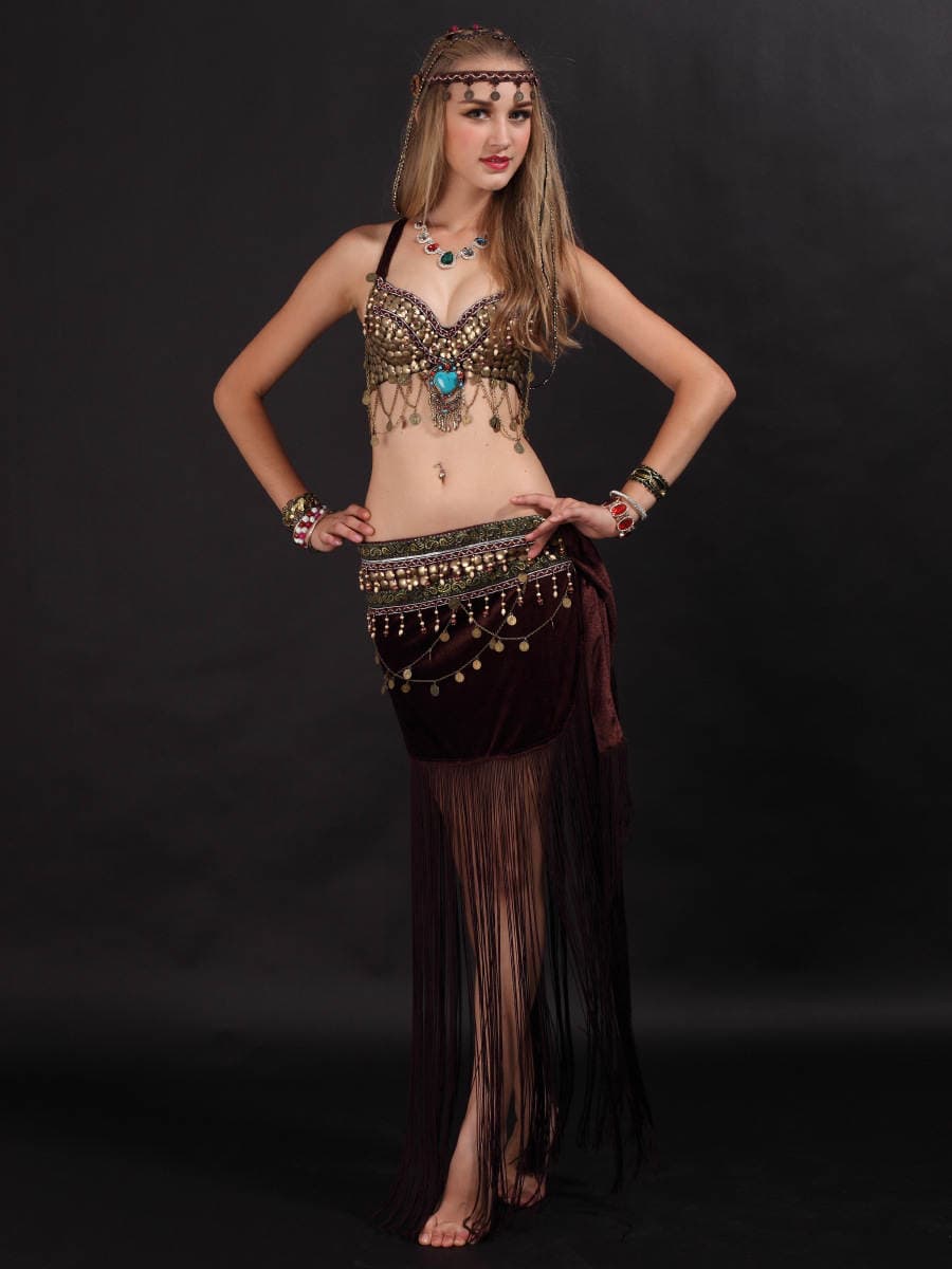 European and American Style Belly Dance Costume Tassel Ethnic Dance Xizang Costume Tribal Princess Ethnic Minority Women's Two-Piece Christmas Set 1