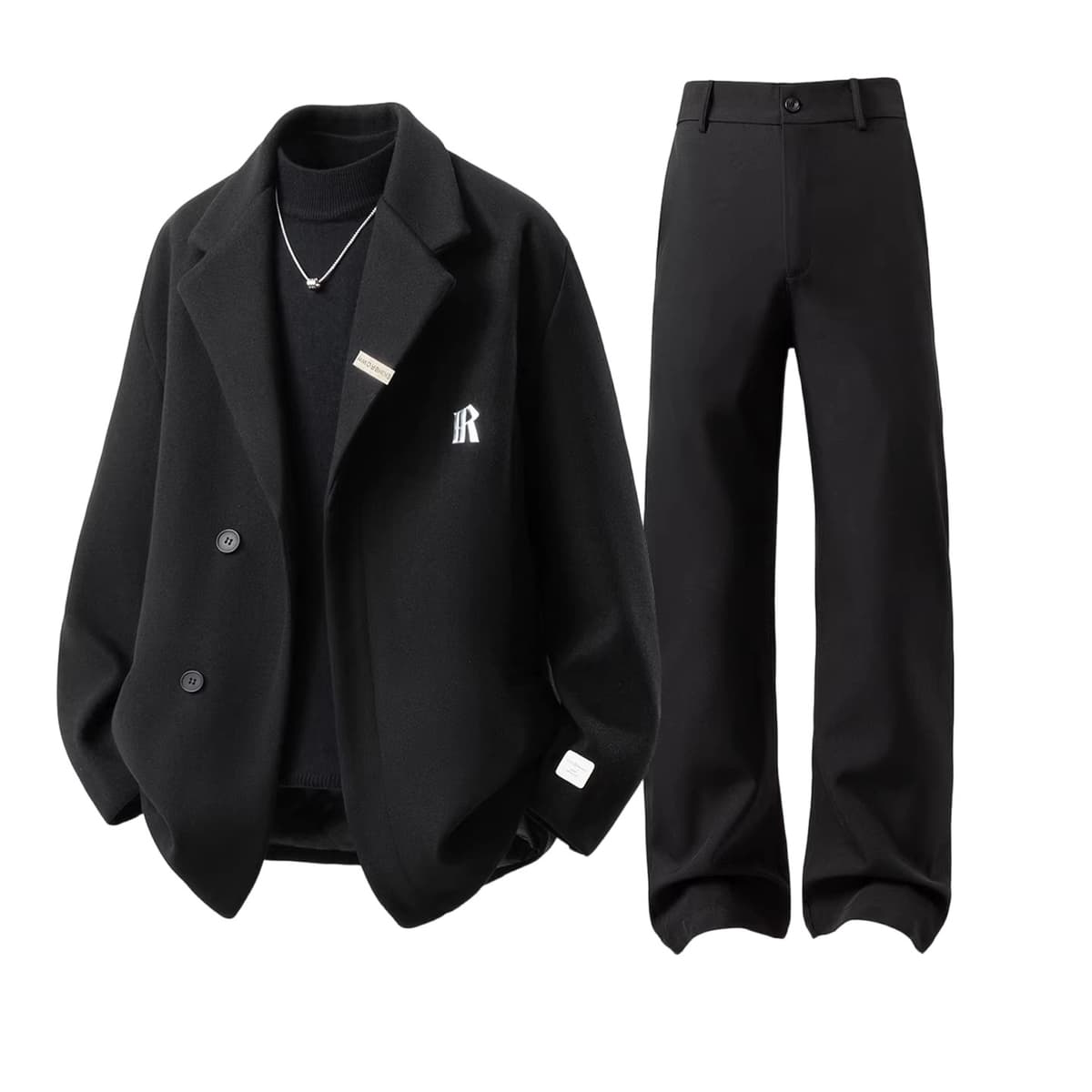 R black jacket + black trousers