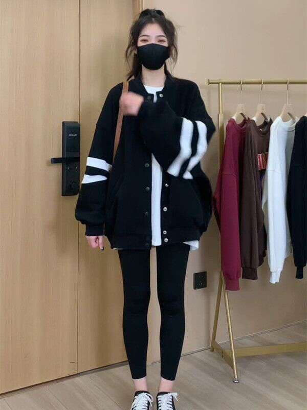 Plus size women's clothing autumn and winter New Style fat mm200 kg belly covering slimming top loose lazy style baseball uniform jacket 4