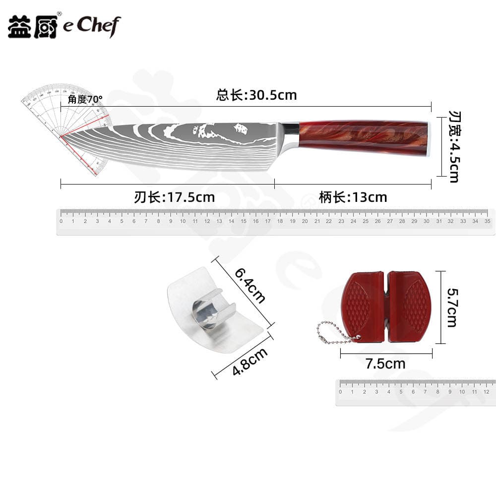 Paslanmayan polad mətbəx bıçaq dəsti, rəngli taxta dəstəkli, Santoku. 4