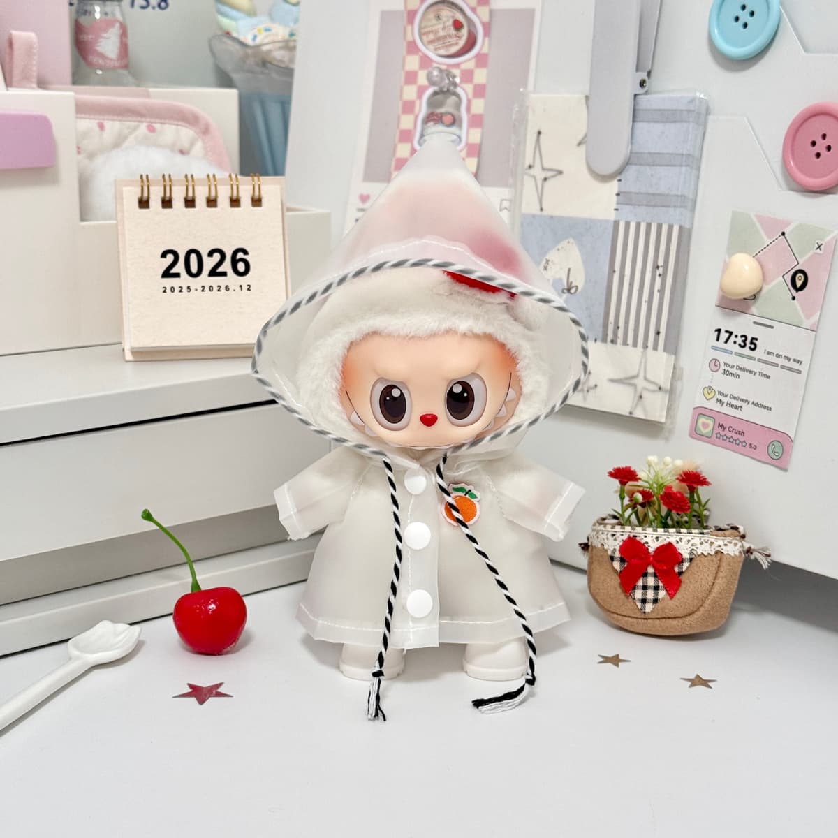 White raincoat + matching shoes