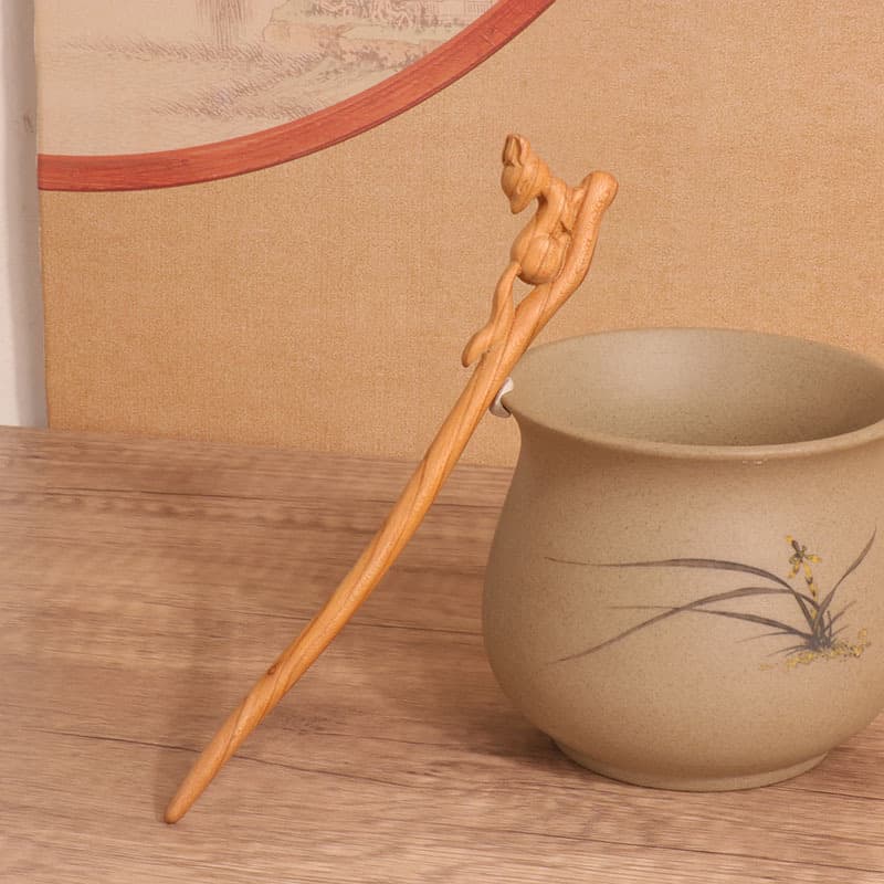 Double-sided carved peach wood hairpin - little fox