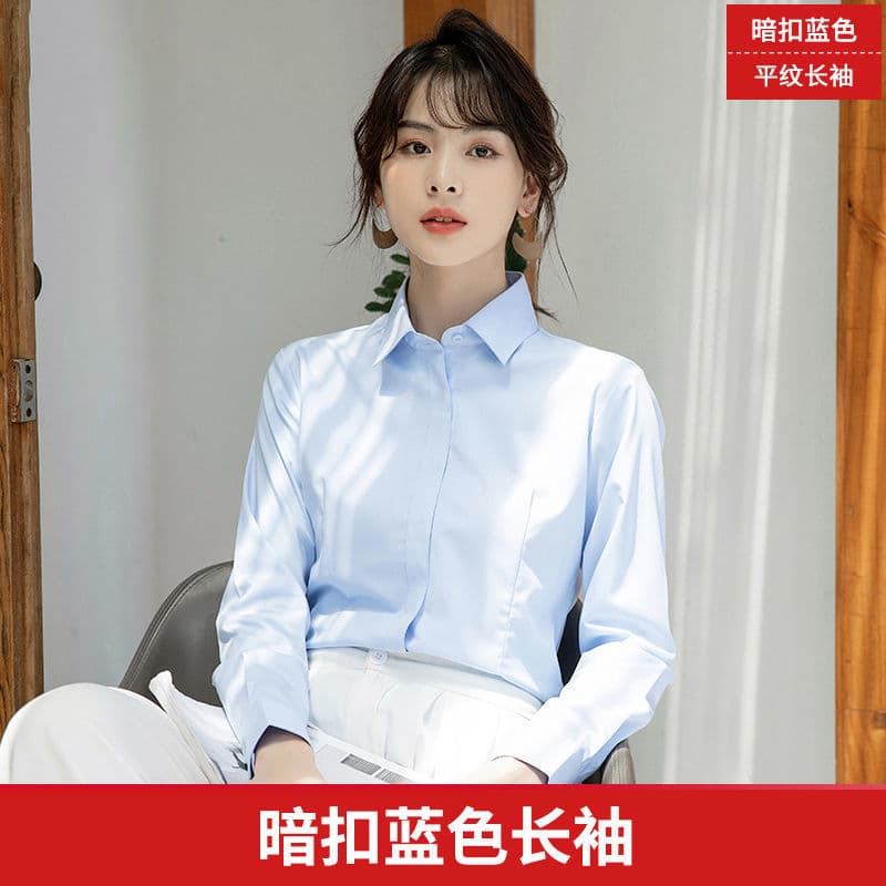 [square collar concealed button blue] long sleeves