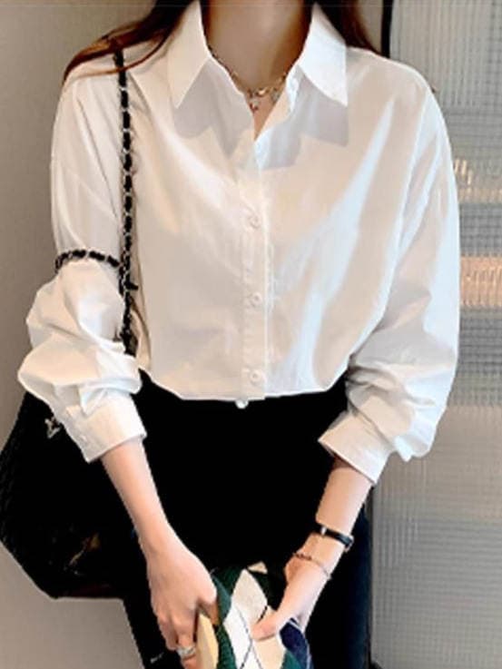 Uniform Shirt Basic Long-Sleeved White Shirt for Women New Versatile Basic Work Clothes with Retro Shirt for Women 5