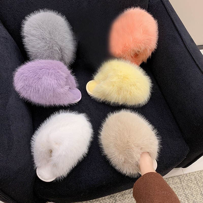 Cross-Border Amazon Large Size Solid Color Fluffy Big Fur Slippers with Soft Soles, Winter Closed-Toe Home Warm Multi-Color Cotton Slippers 1