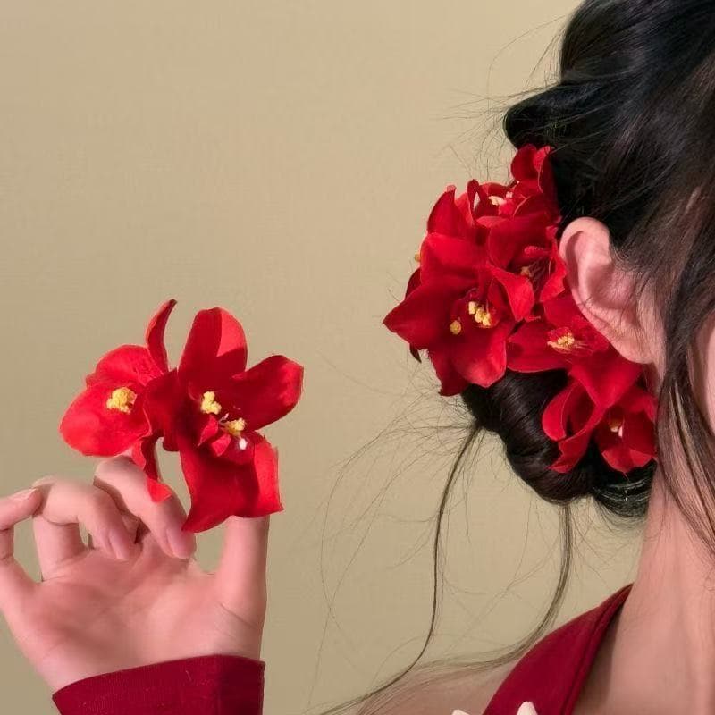 5704 double bauhinia hairpin-warm red