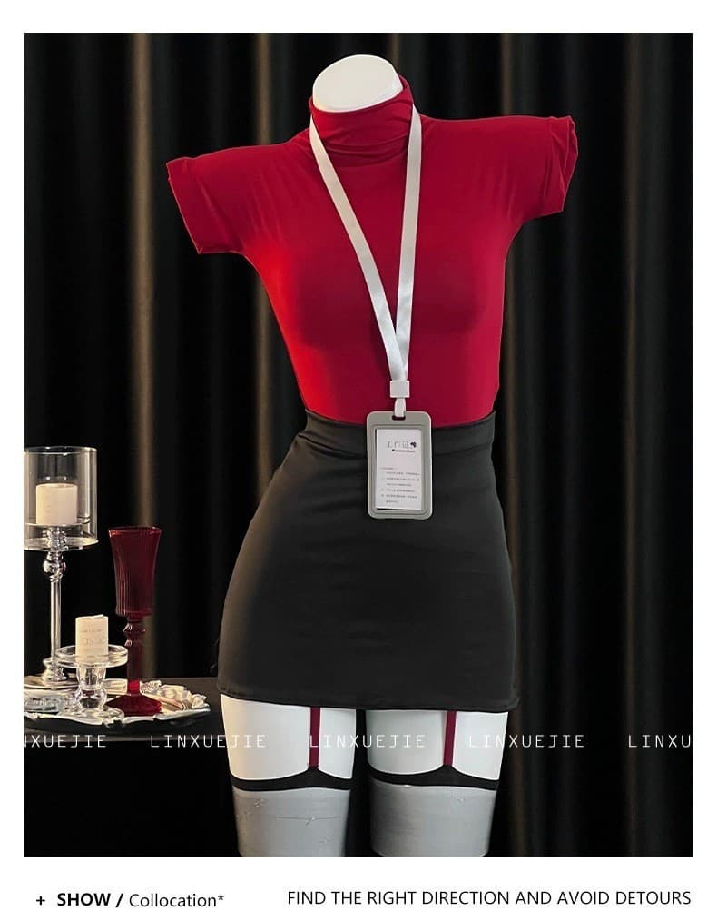 Red (top + skirt + name tag + thong)