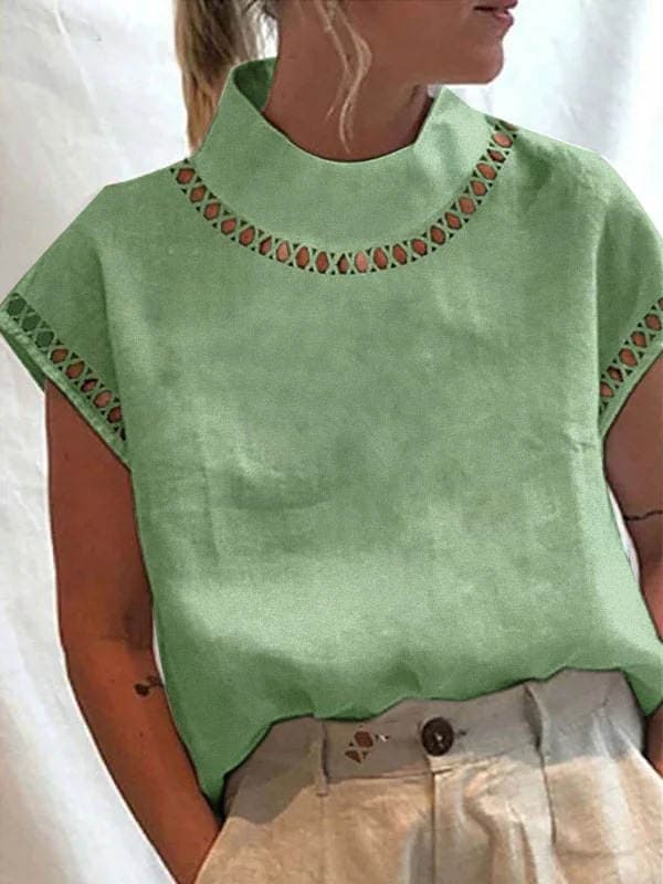 wish Independent Station Women's Solid Color Hollow Top Casual High Collar Linen Lace Breathable Shirt Spot 5
