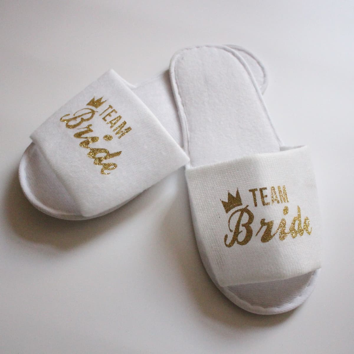 White Slippers/Gold Crown Letter team bride