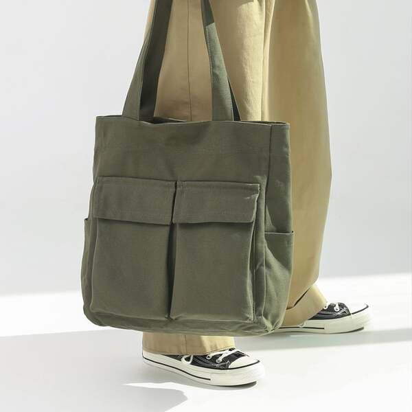 Cross-Border Exclusive Supply of Multi-Pocket Canvas Tote Bags, Large-Capacity Shoulder Bags for Men and Women, Can Be Printed with Text and Logo