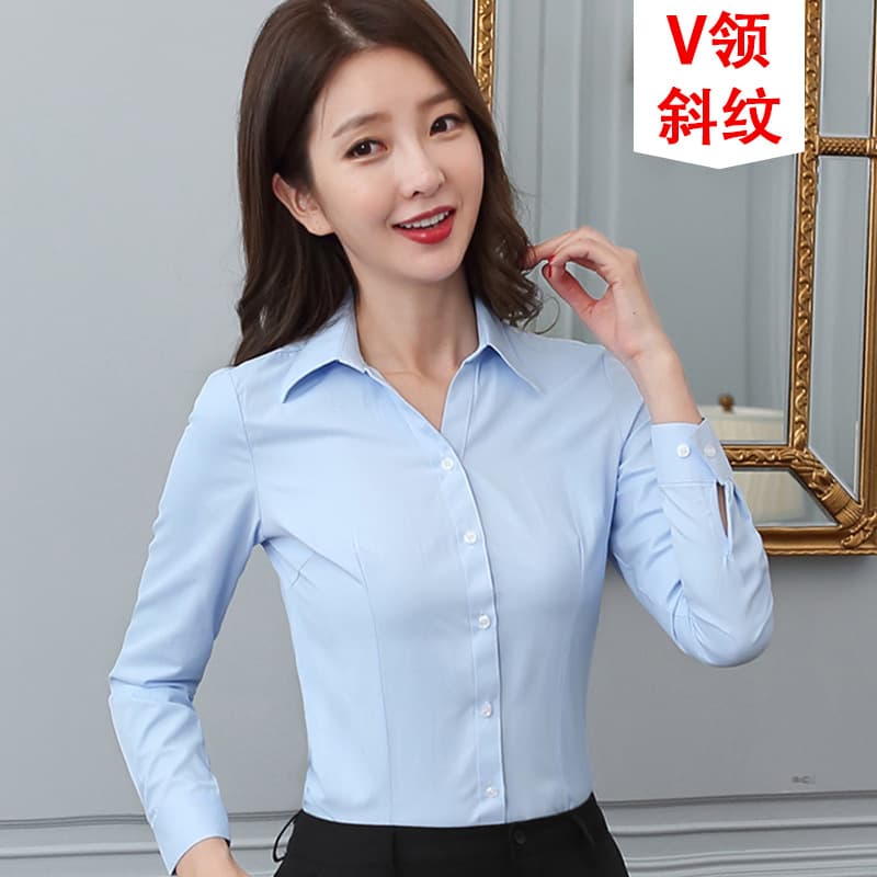 [V collar] blue twill long sleeve