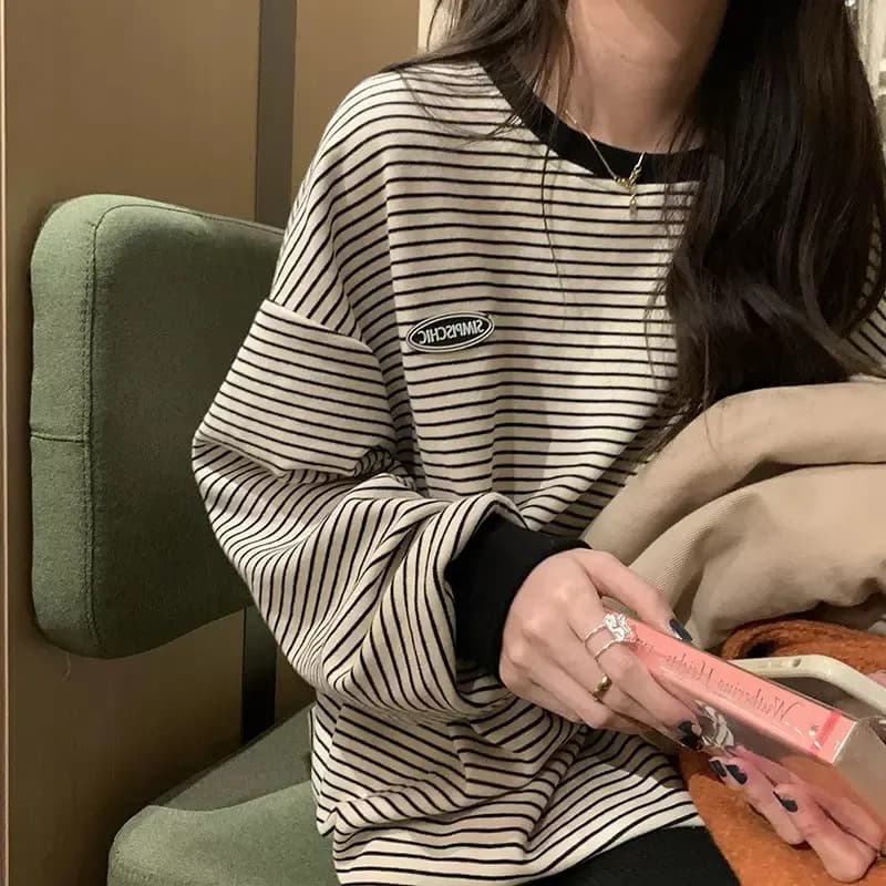 Apricot striped t-shirt base layer women's autumn new round neck long sleeve sweatshirt size m (recommended for under 100 lbs) 87254621