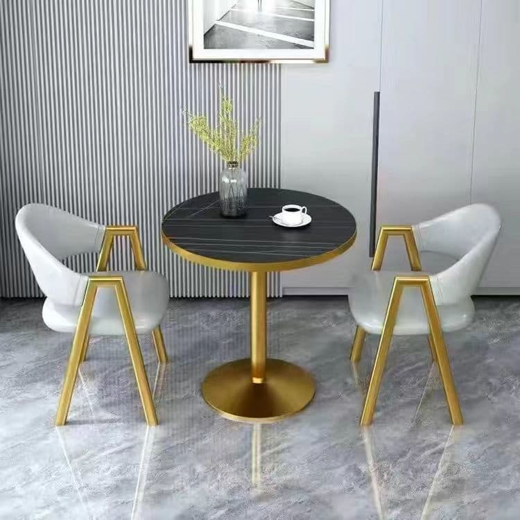 Imitation black marble + light gray leather chair