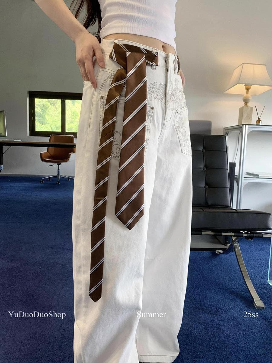 Vintage Khaki Striped Tie for Women, Hong Kong Style Retro Hand-Tied Scarf, Shirt Accessory, Fashionable Pants Belt, Waist Accessory 4