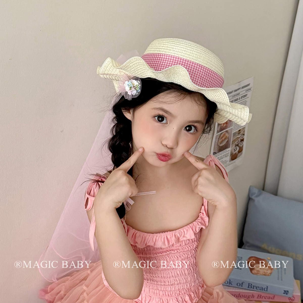 Children's forest-style sweet pink bow tulip veil hat, girls' sun protection straw hat, beach sun hat 3