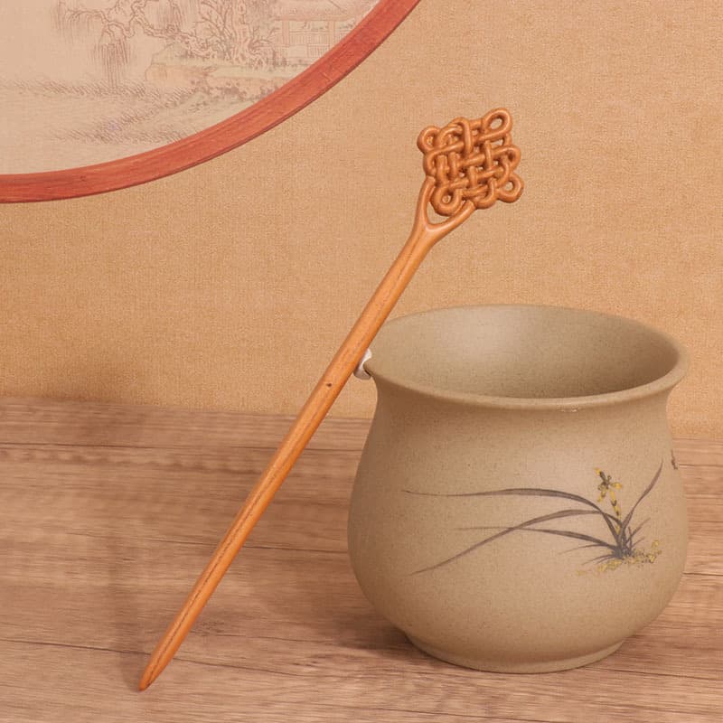 Double-sided carved peach wood hairpin - chinese knot