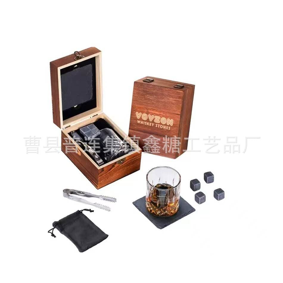 Cross-Border Whiskey Set in Wooden Box with Double Glass Wine Glasses, Natural Ice Wine Stones, Wooden Gift Box, Empty Box 3