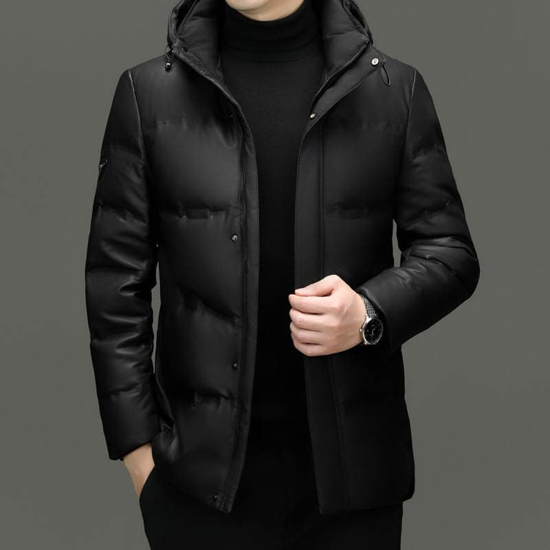Autumn and Winter New Style Goose down Leather Jacket for Men, Business Casual Hooded Coat, Thickened Leather down Jacket for Middle-Aged Men 1