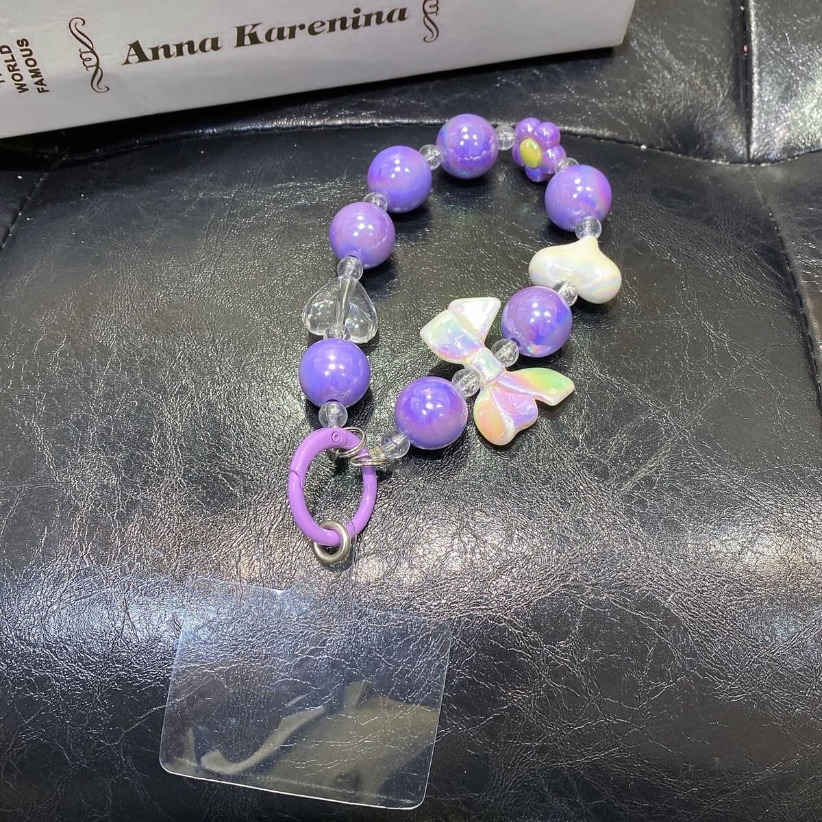 Flower beaded mobile phone chain purple