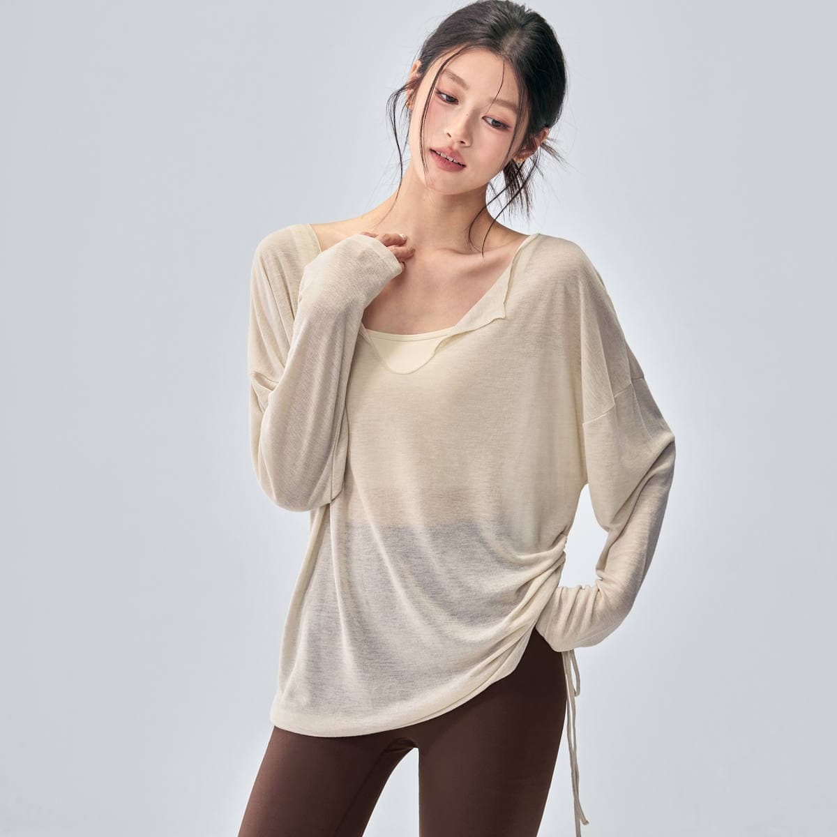 Fitness Girl Loose Yoga Clothes Casual Slimming Look Pure Color Blouse V Neck Breathable Pilates Training Long Sleeves 2