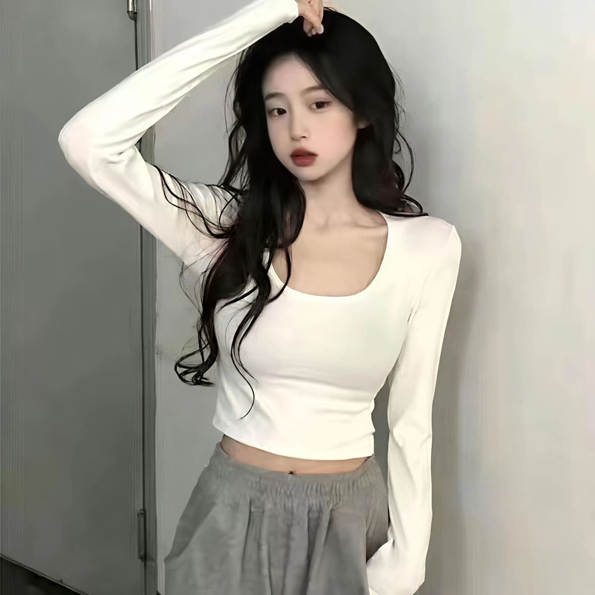 American style shoulder u-neck shortlong sleeves t-shirt whitel (recommended 50-60kg ) 1887771285422091004