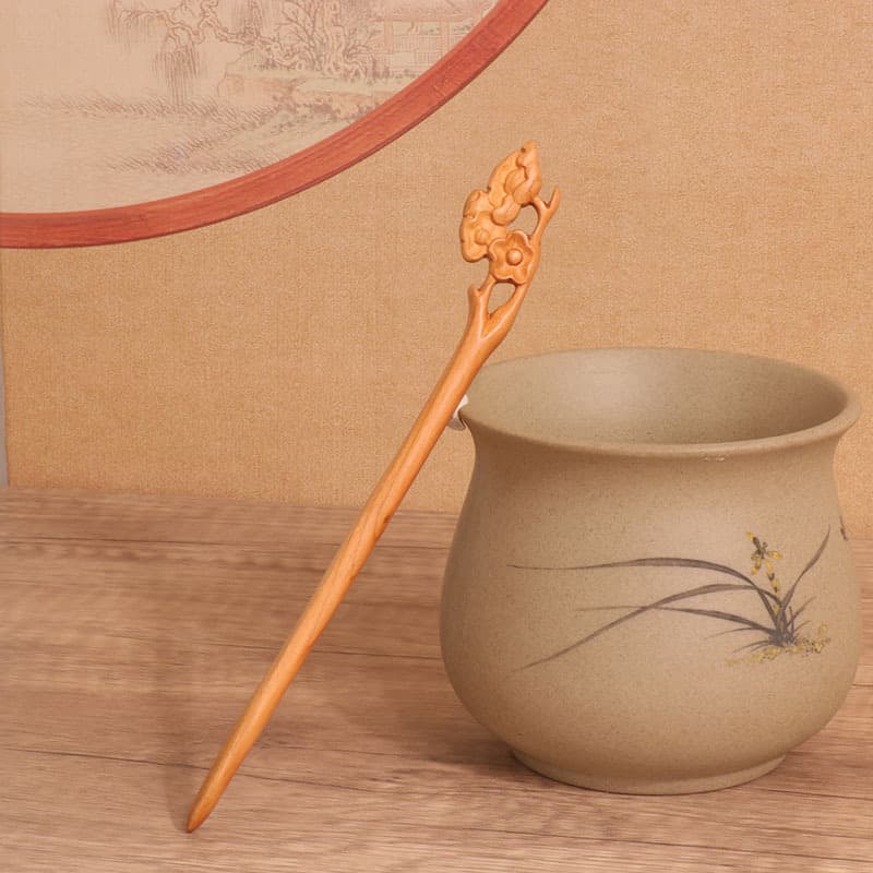 Double-sided carved peach wood hairpin - auspicious clouds
